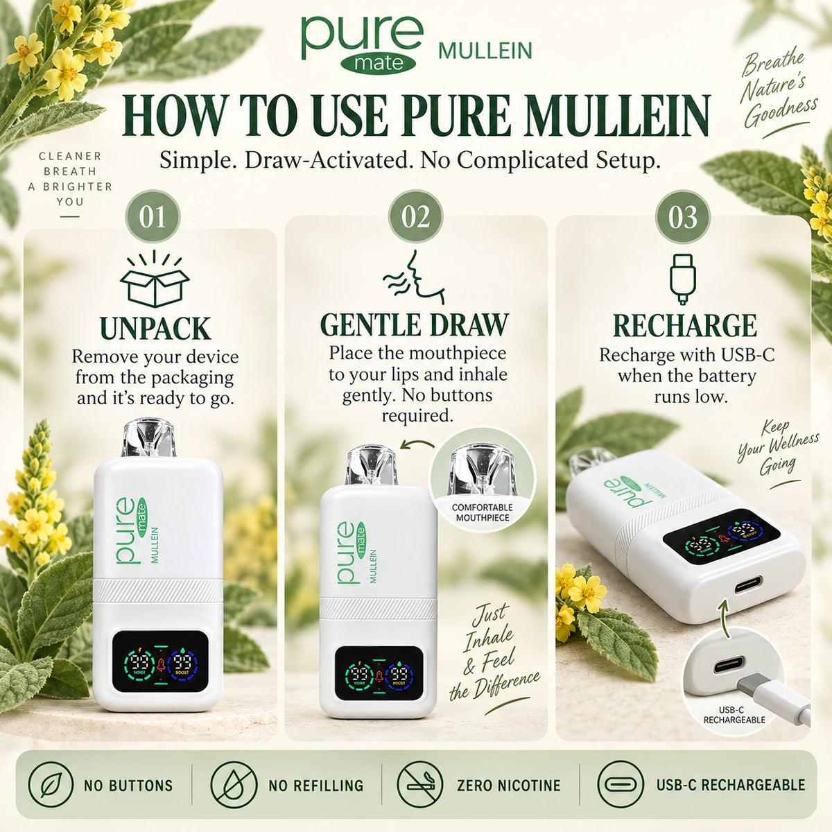Pure Mullein mullein vape pen how-to-use guide with unpack, inhale, and USB-C rechargeable steps