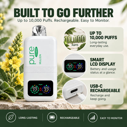 Pure Mullein mullein vape showing up to 10000 puffs, smart LCD display, and USB-C rechargeable design
