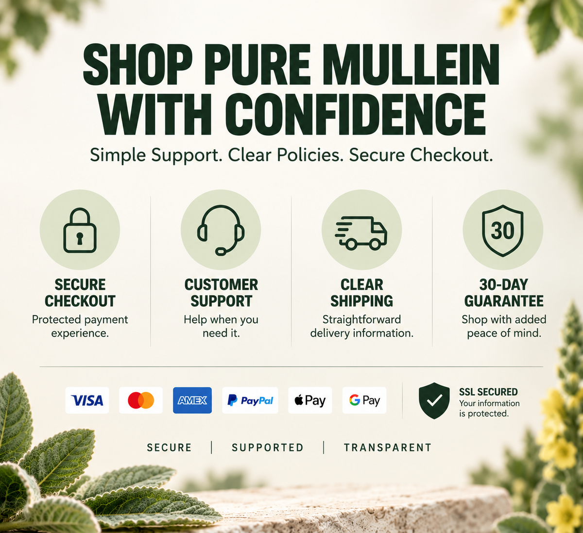 Pure Mullein shop with confidence graphic showing secure checkout, customer support, clear shipping, and 30-day guarantee