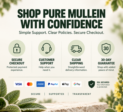Pure Mullein shop with confidence graphic showing secure checkout, customer support, clear shipping, and 30-day guarantee