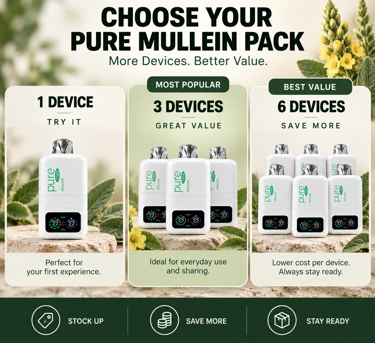Pure Mullein nicotine-free mullein vape bundle comparison with 1 device, 3 device, and 6 device pack options