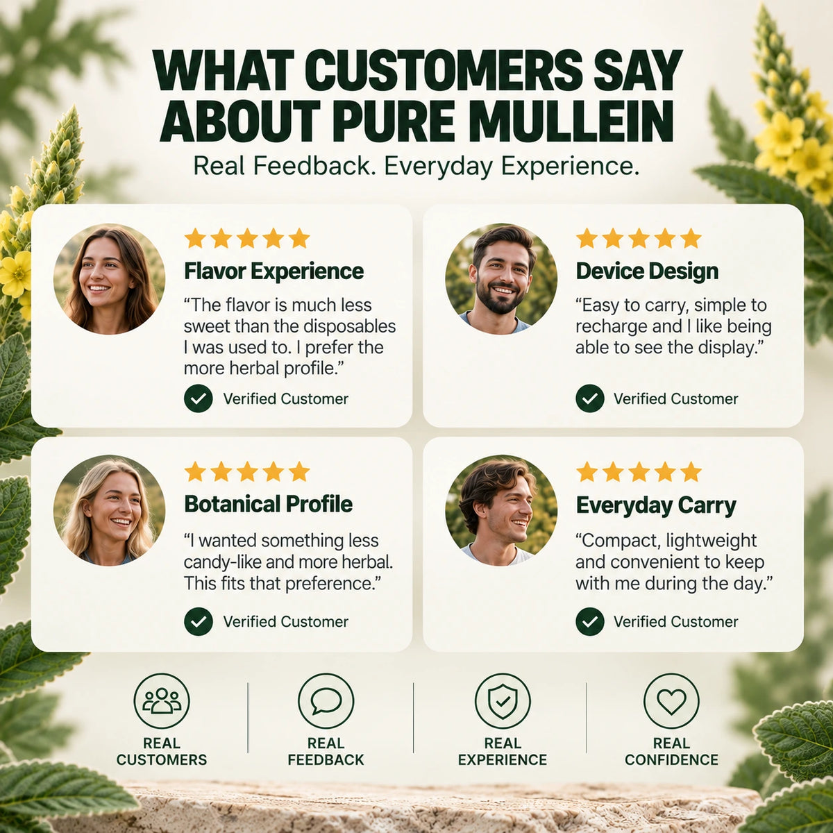Pure Mullein nicotine-free mullein vape customer reviews with verified feedback on flavor, design, botanical profile, and portability
