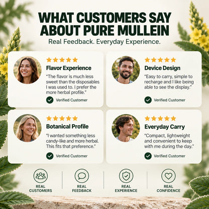 Pure Mullein nicotine-free mullein vape customer reviews with verified feedback on flavor, design, botanical profile, and portability
