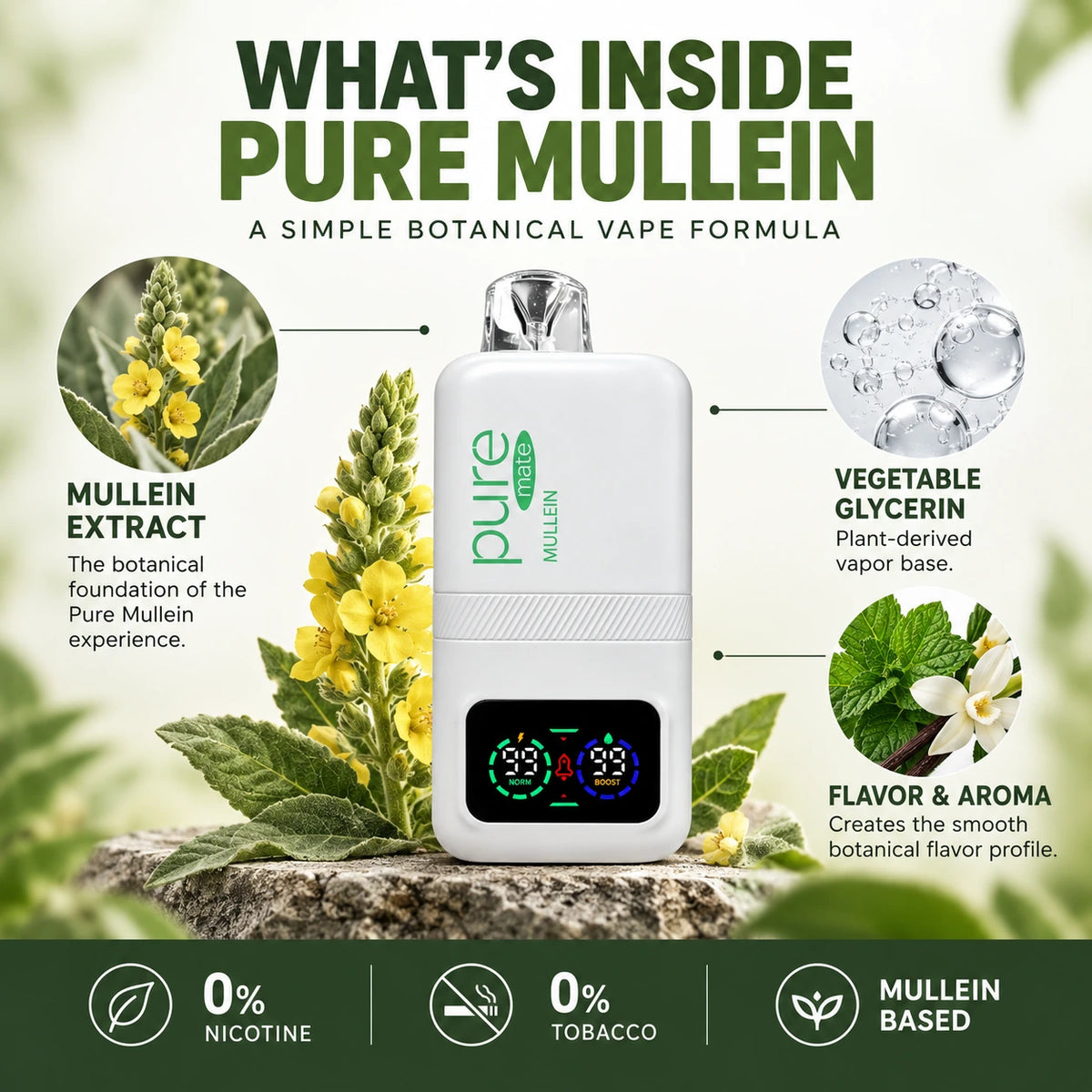 What's inside Pure Mullein mullein vape infographic showing mullein extract, vegetable glycerin, flavor and aroma, with 0% nicotine and 0% tobacco
