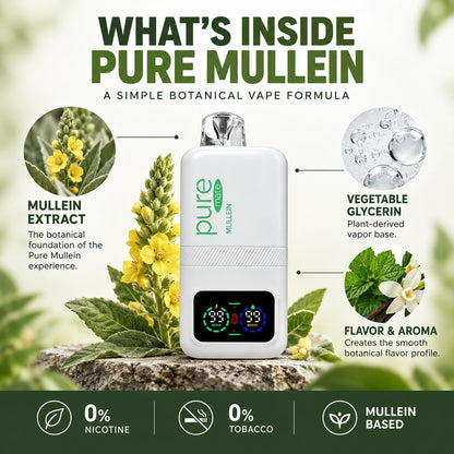 What's inside Pure Mullein mullein vape infographic showing mullein extract, vegetable glycerin, flavor and aroma, with 0% nicotine and 0% tobacco
