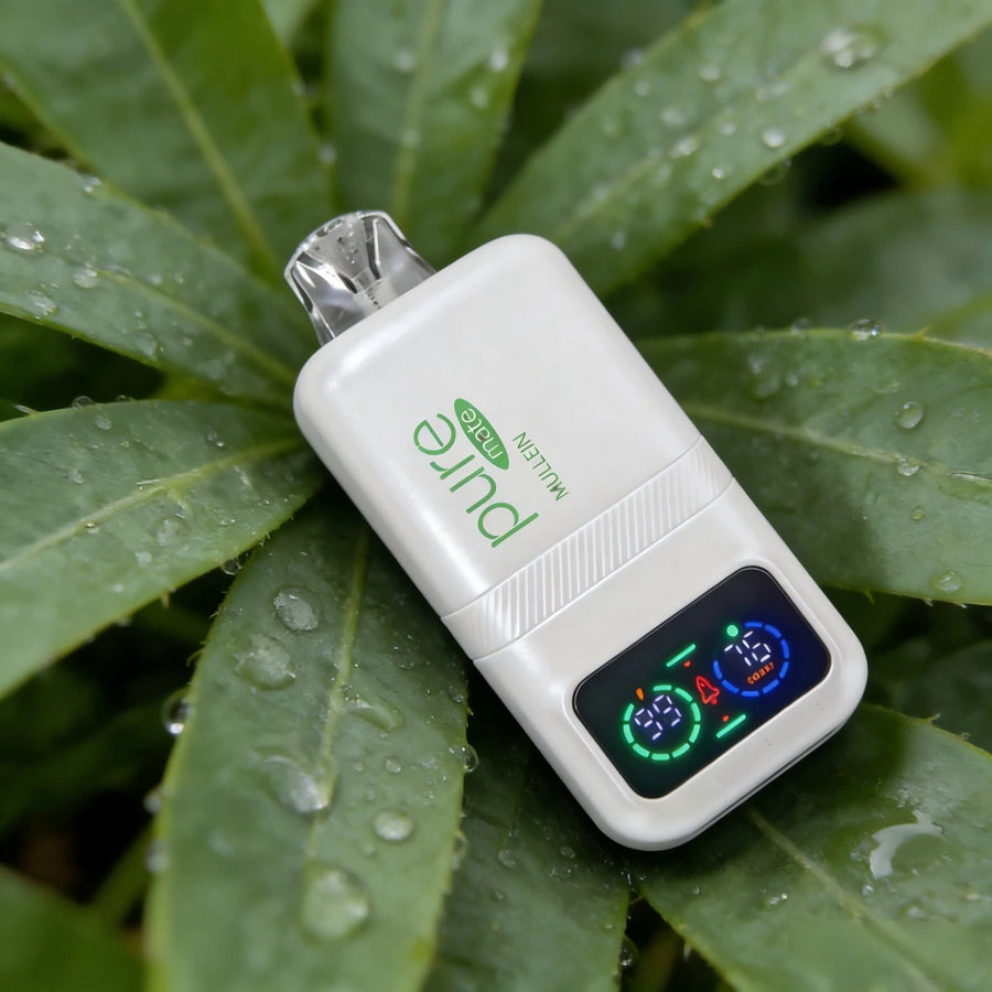 Pure Mate mullein botanical inhaler displayed on green leaves